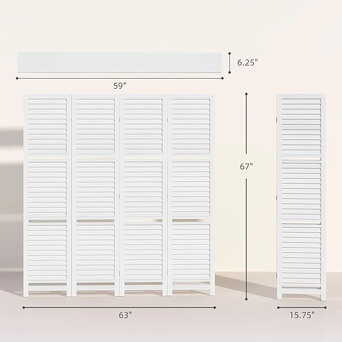 HOMCOM Room Divider, 4 Panel 67" Tall Wood Privacy Screen with 3 Display Shelves, and Folding Storage for Bedroom or Home Office, White