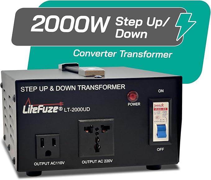 LiteFuze 2000 Watt Voltage Converter Transformer Step Up/Down - 110v to 220v / 220v to 110v Power Converter - Fully USA Grounded Cord - Universal Outlet Socket, 2x US Outlets - CE Certified