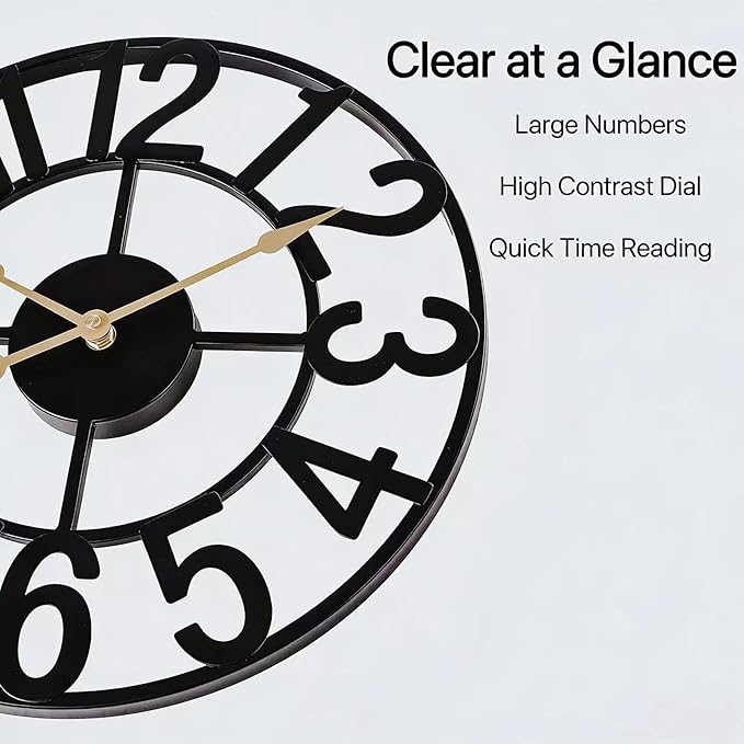 Alarmore Wall Clocks for Living Room Decor, Large Wall Clock Silent Battery Operated, Rustic Industrial Farmhouse Black Metal Wall Clocks for Kitchen, Bedroom, Dining Room-24 in
