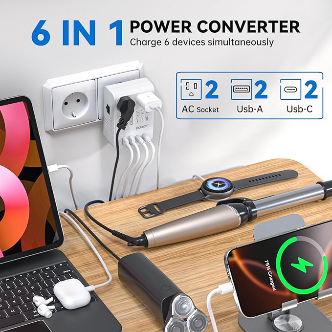 DOACE 220v to 110v converter 350W voltage converter us to europe for Hair Straightener/Curling Iron Converter for European Travel with 4-port USB Charging and UK/AU/US/EU Worldwide Plug Adapter, White