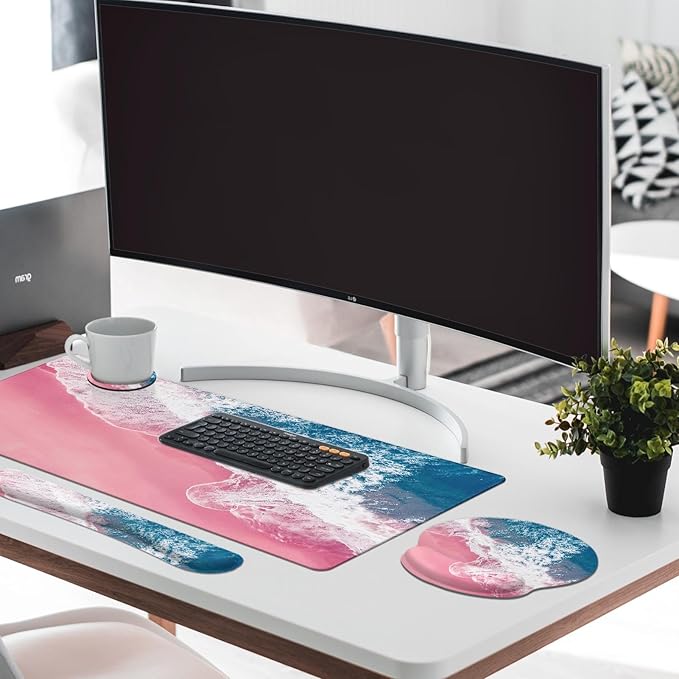 Britimes Blue Sea Keyboard Mouse Pad Set Pink Sand Beach 4in1 Large Mousepad+Keyboard Wrist Rest+Mouse Wrist Rest+Coaster Set with Ergonomic Design for Home Office Computer 35.4x15.7 inches