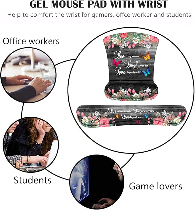 Keyboard Wrist Rest and Mouse Pad Wrist Support Set with Coasters, Non-Slip PU Base Ergonomic Gaming Mousepad for Home Office Working Studying Easy Typing & Pain Relief, Floral Quote Live Laugh Love