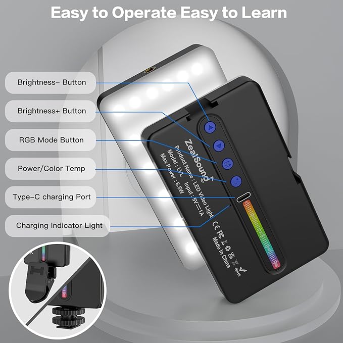Zealsound RGB Selfie Light, 138 LEDs, 360° Full Color Video Light, 2700–6500K Dimmable, 20 Effects, 1800mAh Rechargeable for Phone, iPhone, Camera, Computer, Webcam, Gaming, Makeup, Vlogging, TikTok