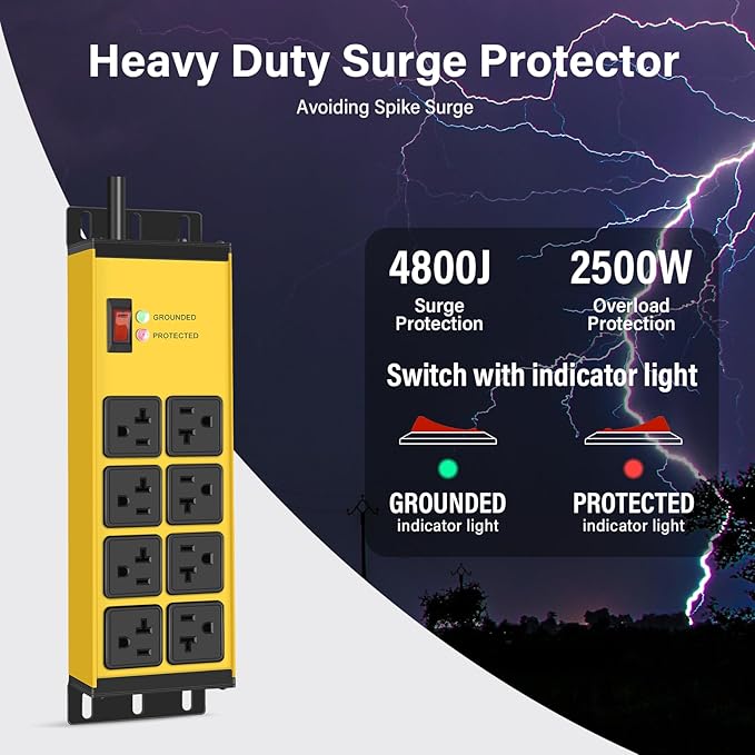 CCCEI 2PCS Heavy Duty Power Strip Surge Protector 20 AMP, 8 Outlets 12 Gauge Shop Garage Metal Multiple Outlets, 6 FT Extension Cord 5-15P Adapter High Amp 6-20R T-Slot 20a for Appliance Yellow.