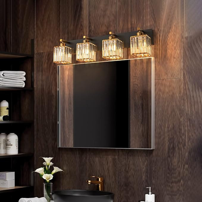 FDPBY Modern Bathroom Vanity Light 4-Lights Black Gold Crystal Bathroom Wall Light Vanity Light Fixtures，28.34-inch Modern Minimalist Design
