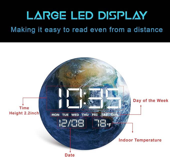 HOMLOVE Digital Desk Clock with Large LED Display, Earth Modern Date Temperature Clock [TYPC-in] for Shelf, Table, Mantel or Bedside, (Earth, 7.87 INCH)