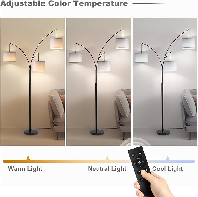 Fansdrick Floor lamp with Remote, 3 Light Arc Floor Lamps for Living Room, 2400LM Tall Standing Floor Lamps with Gray Shades, 80" Large Floor Lamp for Bedroom, Office
