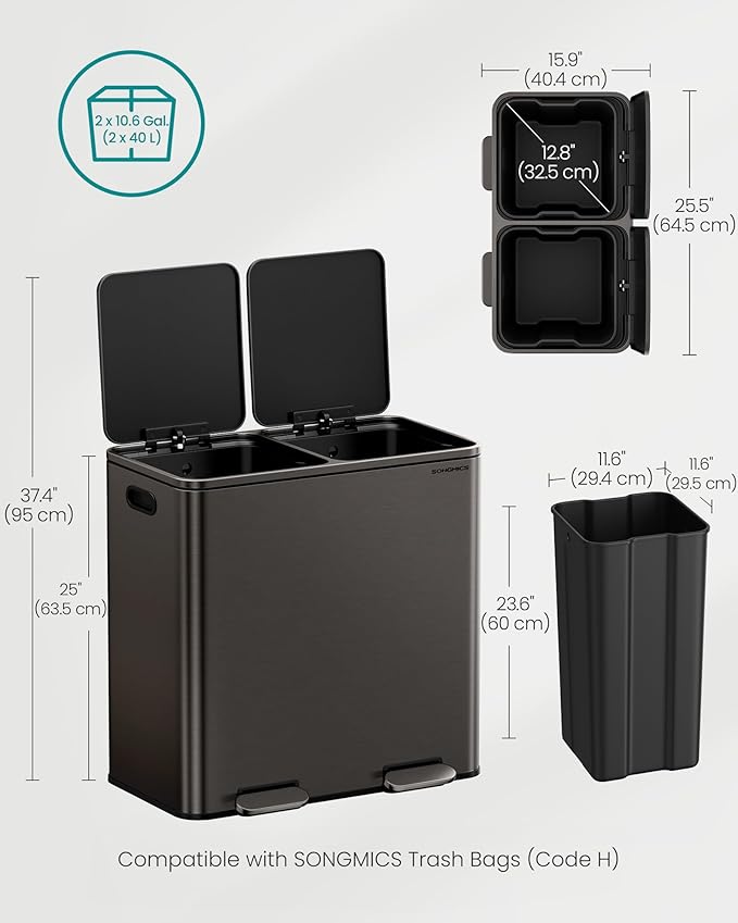 SONGMICS Trash Can, 2 x 10.6 Gallon (2 x 40 L) Garbage Can for Kitchen, with 15 Trash Bags, 2 Compartments, Plastic Inner Buckets and Hinged Lids, Airtight, Slate Gray ULTB730G01V1