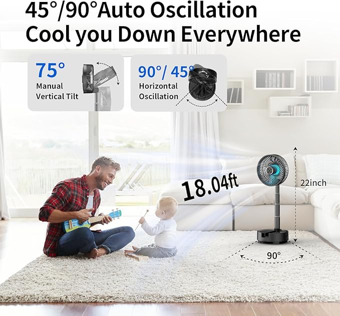 Socool 20000mAh Portable Fan Foldable Wireless Battery Rechargeable with 8-Speed & 112H, 90° Osciliating Floor Standing Fan Remote, Desk Fan with 8H Timer & LED Light for Home Kitchen Travel Camping