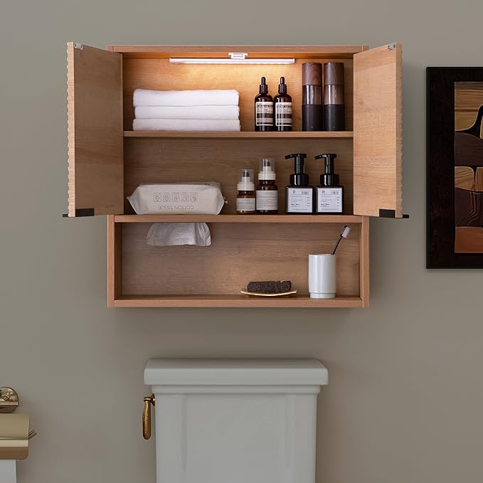 Wall Mounted Bathroom Cabinet with Motion Sensor LED Light & Tissue Dispenser, Modern Oak Medicine Cabinet Over Toilet with Fluted Door, Adjustable Shelf for Skincare & Makeup Storage