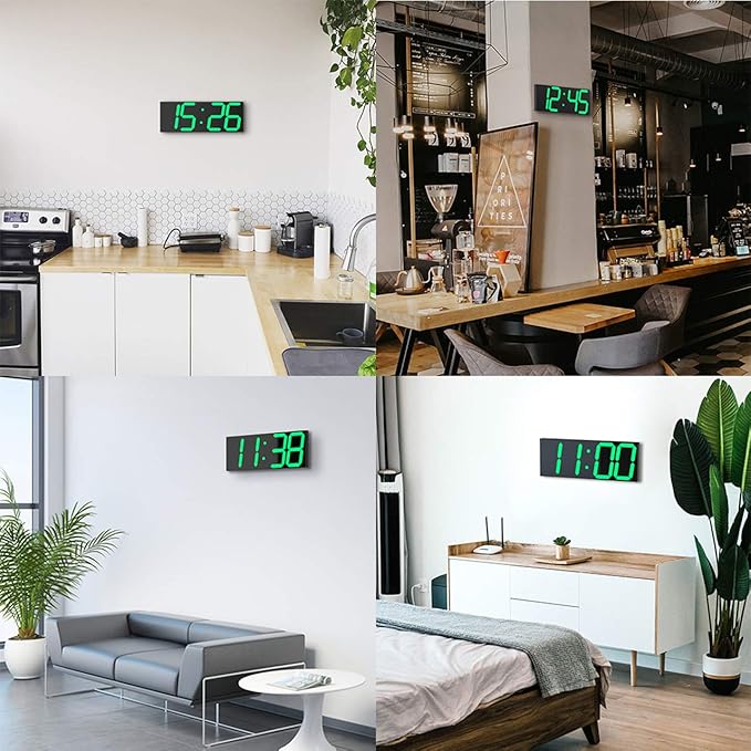 CHKOSDA LED Large Digital Wall Clock, Oversize Wall Clock with 6” Numbers, Remote Control Count up/Countdown Timer Clock, Auto Dimmer, Big Calendar and Thermometer(Green)