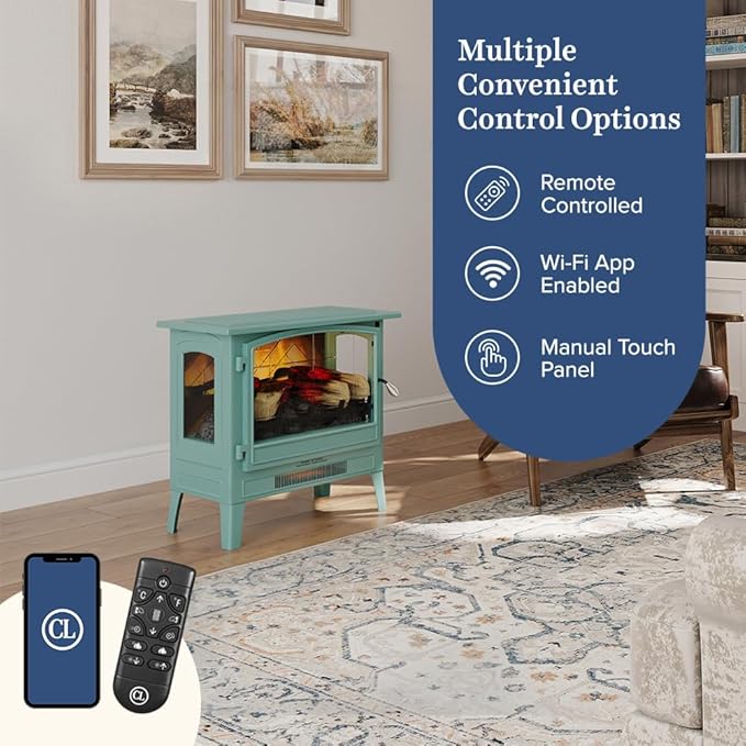 Country Living Infrared Freestanding Electric Fireplace Stove Heater in Mineral Blue | Multiple Flame Colors, Metal Design with Faux Wooden Logs | Alexa/WiFi Enabled, Remote Control