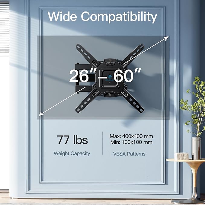 PERLESMITH Full Motion TV Wall Mount for Most 26-60 inch Flat Curved OLED 4K TVs up to 77lbs, Wall Mount TV Bracket with Swivel & Extension Arm, Tilt, Leveling, Max VESA 400x400mm, PSMFK12