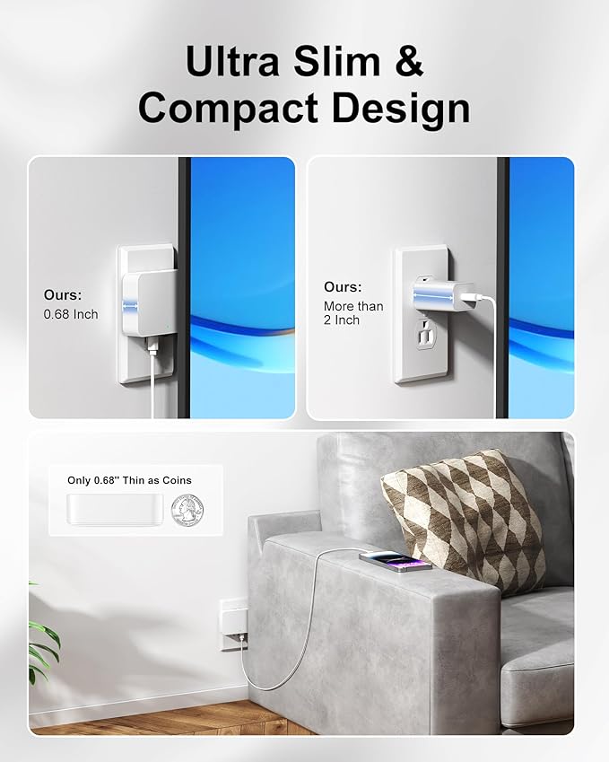 KWRNVO Flat USB Wall Charger 4 Ports Slim 35W USB-C/A Flodable Plug Fast Charging Block for iPhone 8/9/10/11/12/13/14/15 Multiport Power Charging Adapter for ipad and Galaxy Series S8-10 White