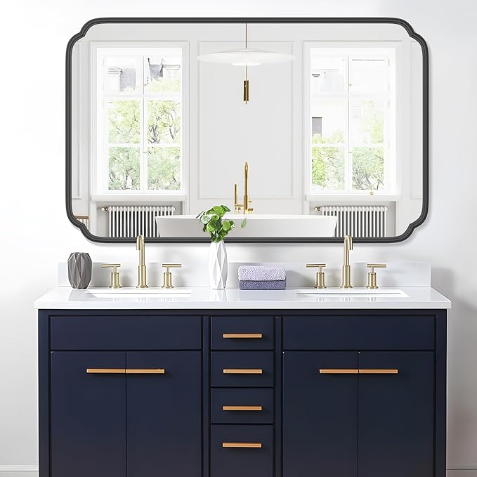 White 30"x48" Bathroom Mirror for Wall, Large Bathroom Vanity Mirror, Rounded Rectangle Mirror in Wooden Frame Hangs Horizontal Or Vertical