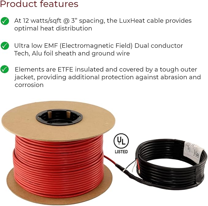 LuxHeat 50sqft Floor Heating Cable Kit - 240v Heated Tile Floor System - Heated Flooring System Includes UDG4 Programmable Thermostat w/GFCI, Underfloor Heating Cable, Strapping, Sensor & Alarm