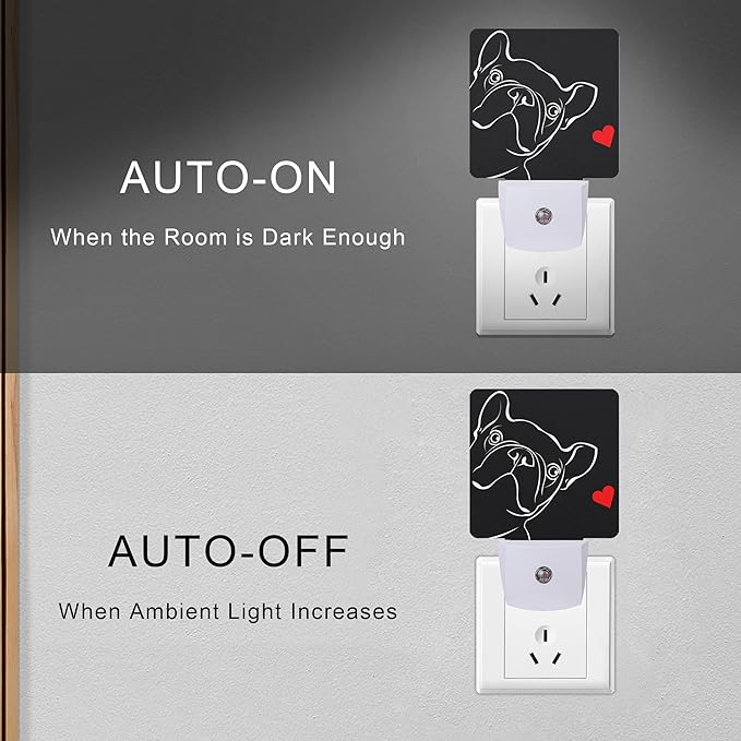 Smoaffly French Bulldog Dog red Heart Night Light Plug-in LED Nightlights Auto Sensor Night Lamp Dusk-to-Dawn Lamp Home Decor for Nursery Children Girls Boys