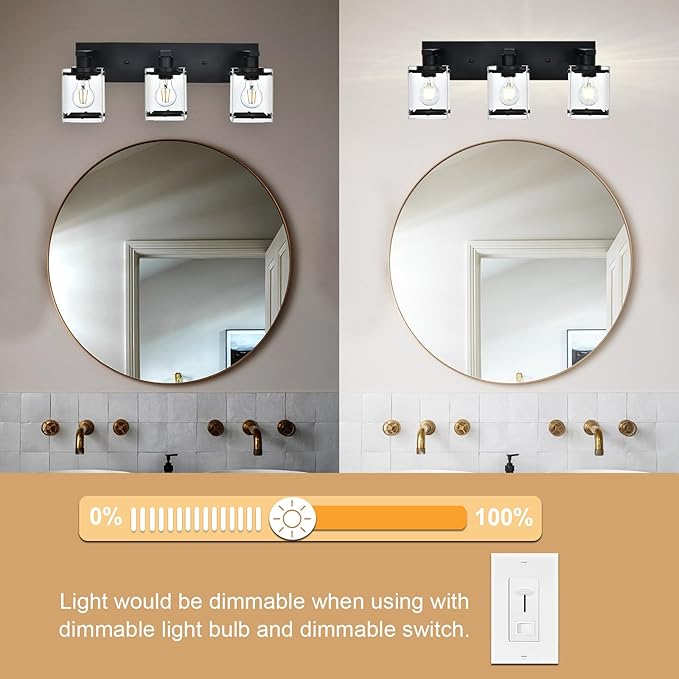 WINSHEN 3-Light Black Bathroom Light Fixture Over Mirror, Vanity Wall Lighting with Rectangular Clear Glass, E26 Bulb Base