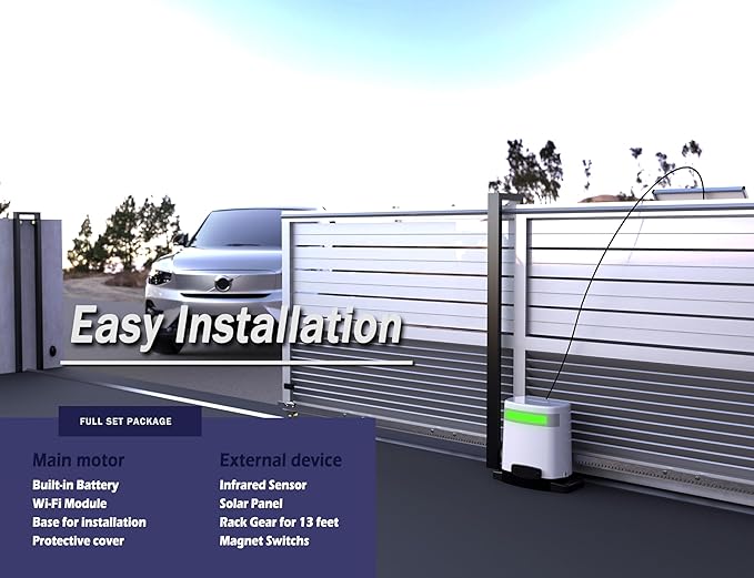 Blütezeit 1400lb Sliding Gate Opener, Solar Power | WiFi Control | Built-in Battery Backup, Rack Driven Automatic Slide Gate Motor with Remote Complete Kits (20W Solar Panel & Racks Incl.)