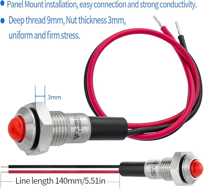 ZGSZJHF 2Pcs 8mm 0.31" Mini Indicator Light 12V-24V Red LED Waterproof IP67 Domed High Head Stainless Steel Signal Lamp Pilot Light with Wire,for Dash Directional Car Truck Boat