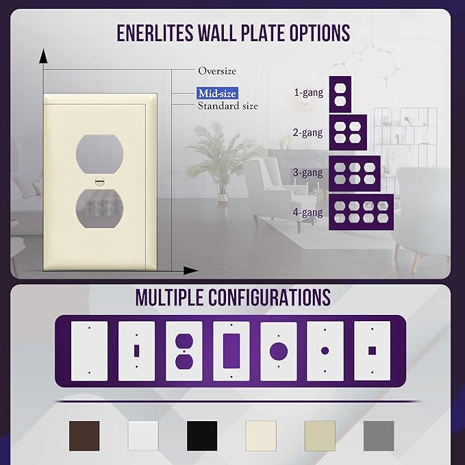 ENERLITES Duplex Receptacle Outlet Wall Plate, Gloss Finish, Midway Size 1-Gang 4.88" x 3.11", Unbreakable Polycarbonate Thermoplastic, UL Listed, 8821M-LA-10PCS, Light Almond, 10 Pack