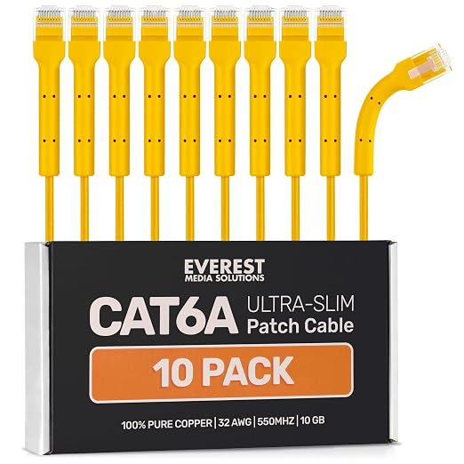 Everest Ultra Slim Cat6a Ethernet Patch Cables 7ft Yellow by EverestMediaSolutions
