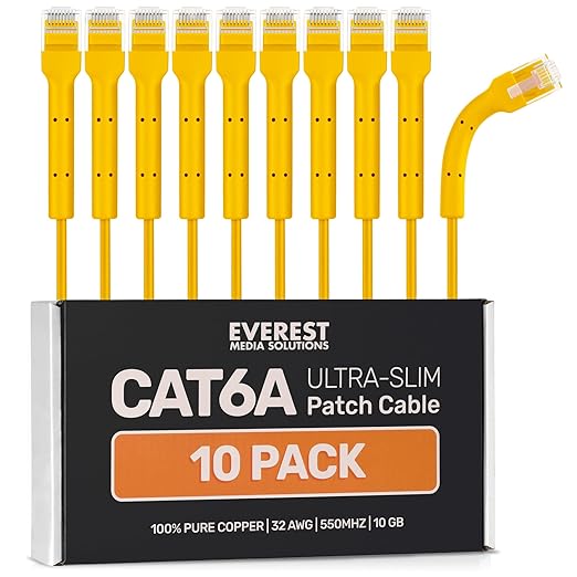 Everest Ultra Slim Cat6a Ethernet Patch Cables 3ft Yellow by EverestMediaSolutions