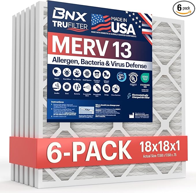 BNX TruFilter 18x18x1 Air Filter MERV 13 (6-Pack) - MADE IN USA - Electrostatic Pleated Air Conditioner HVAC AC Furnace Filters for Allergies, Pollen, Mold, Bacteria, Smoke, Allergen, MPR 1900 FPR 10