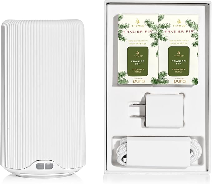 Thymes Pura Plus Smart Home Fragrance Diffuser Kit - Includes 1 Tabletop Pura Diffuser and 2 Frasier Fir Pura Refills - Notes of Siberian Fir, Cedarwood & Sandalwood