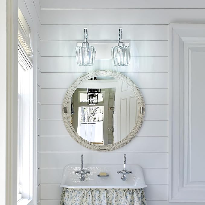 FDPBY Modern Bathroom Vanity Light, 2-Light Chrome Wall Sconce with Crystal Accents, Over Mirror Bathroom Lighting Fixture, 13.77" Long Dimmable Vanity Lamp for Makeup, Easy Installation