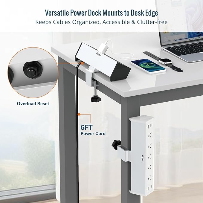 Tecmojo Desk Clamp Power Strip 5 Outlet with 2 USB A and 4 USB C Ports, 6 ft Cord, Desk Outlet Station Fit 1.6" Tabletop Edge,Over Loading Protection,ETL Listed,White