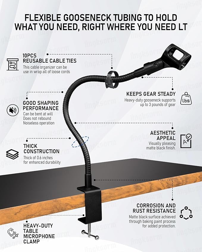 19-INCHS Flexible Gooseneck Microphone Stand with Heavy Duty Desk Clamp for Podcast, Meetings, Lectures, Radio Broadcasting Studio, Live Broadcast Equipment, TV Stations