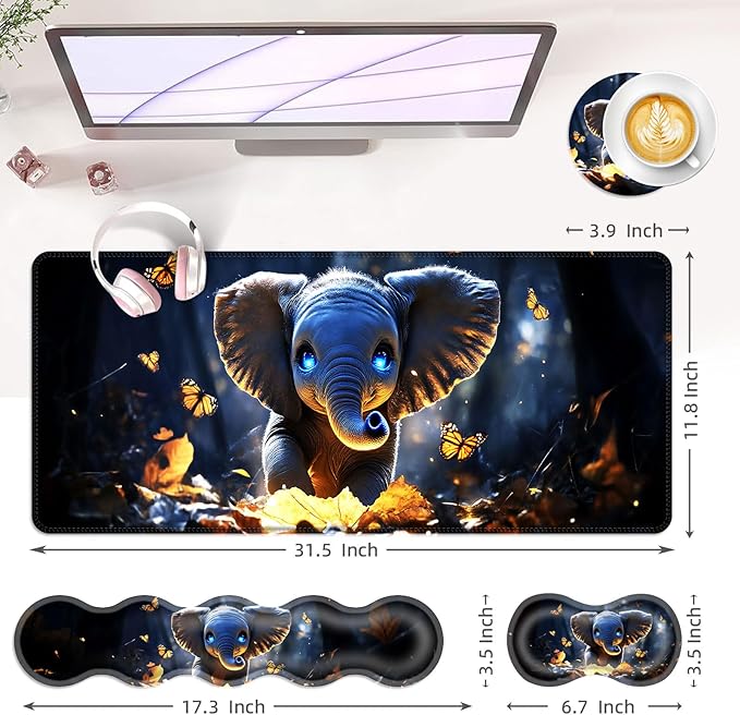 BFUKVOU Large Keyboard Mouse Pad Set, Extended Mouse Pad+Keyboard Wrist Rest Support, Memory Foam Ergonomic Easy Typing, 4Pcs (31.5×11.8 in) Desk Pad Set for Office Home,Cute Elephant with Butterflies