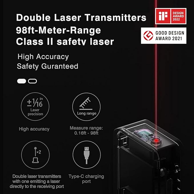HOTO Laser Measuring Tool, Pocket-Size 98Ft Digital Laser Tape Measure ±2mm Accuracy, USB-C Rechargeable, OLED Display, Ft/M/in Unit Conversion, Real-time Data Sync, Cool Gadgets for Men & Home Use