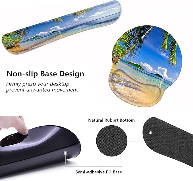 Keyboard Wrist Rest and Mouse Pad Wrist Support Set with Coasters, Non-Slip PU Base Ergonomic Gaming Mousepad for Home Office Working Studying Easy Typing & Pain Relief, Shore Palms Tropical Beach