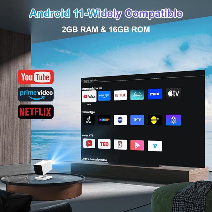 [Built-in Apps & 2026 Upgraded] Mini Projector｜Portable Projector 1080P/4K Support｜Smart Projector with Auto Keystone Correction｜Home/Movie Projector for Phone/TV Stick/Laptop