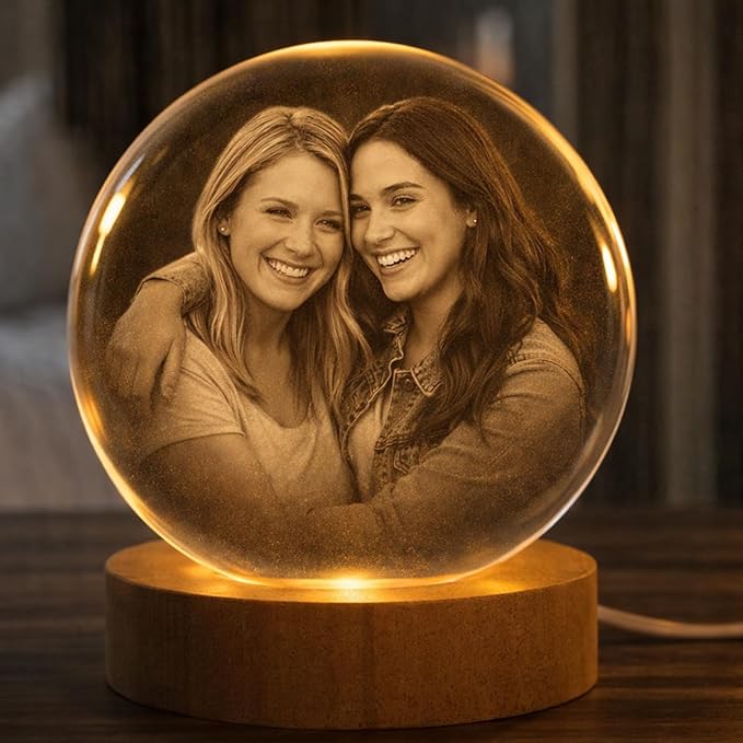 Herihues Personalized 3D Photo Crystal Ball, Custom Engraved Picture Lamp with Wood Base, Besties Night Light, Gifts for Besties Valentines Day, Christmas, Best Friend Personalized Gifts