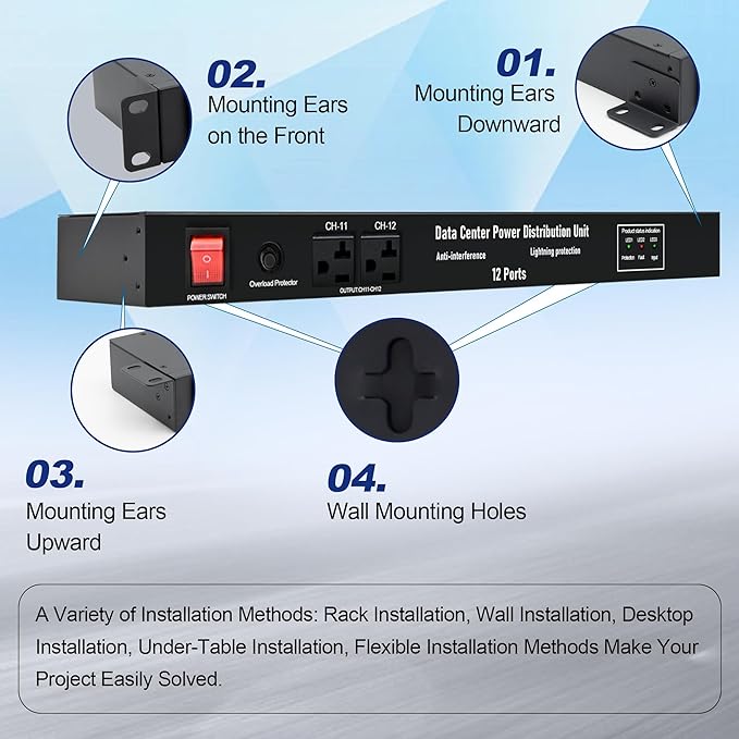ThePoEstore 1U PDU Network Servers Surge Protector Power Distribution Unit 12-Outlet, 120V 20A, 3600 Joules 10KA,19″ Rack Mount Power Strip,Heavy-Duty 12AWG 16 ft Cord,w/AC Filter