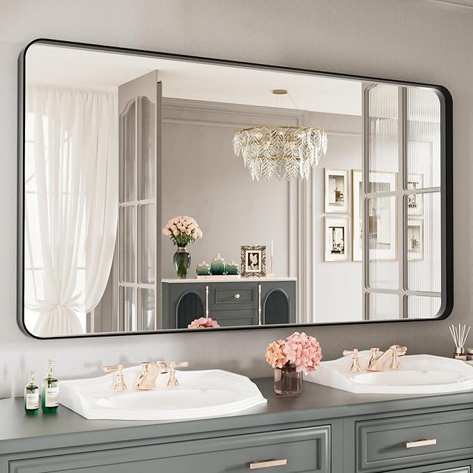 LOAAO Black Metal Framed Bathroom Mirror for Wall, Large 55X30 Inch Rounded Rectangle Mirror, Matte Black Bathroom Vanity Mirror Farmhouse, Anti-Rust, Tempered Glass, Hangs Horizontally or Vertically