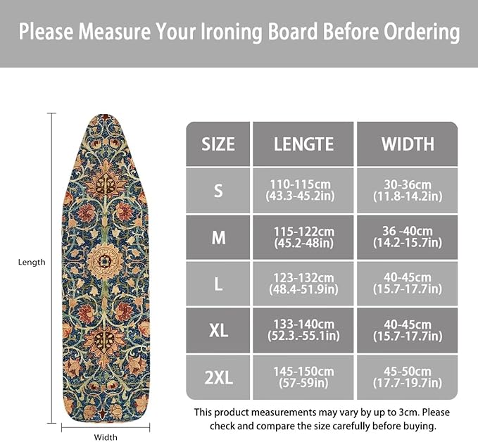 ZCFYGDX Vintage Flower Print 18 x 58 Ironing Board Covers Nylon Buckle Straps Fasteners & Elastic Edge Stain Resistant Breathable,Suitable for Multi-Size Iron Board Relaxing Ironing Experience