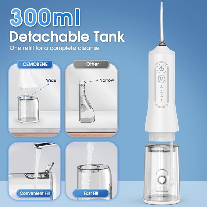 Water Flosser, Rechargeable 300ML IPX7 Waterproof Cordless Portable Oral Irrigator with 4 Modes & 6 Replaceable Jet Tips-Professional Flossing Cleaner for Daily Home Use,Travel,Gums,Braces Care-White