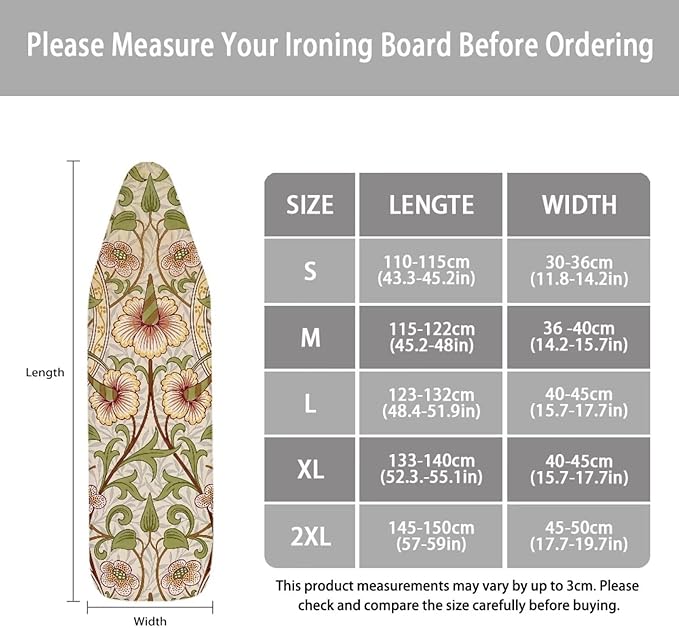 ZCFYGDX William Morris Art Ironing Board Covers,Stain Resistant & Anti-Scorch Elastic Edges Nylon Buckle Straps Hook & Loop Fastener Strap,Easy Install of Protective Decorative Cover 18x58 Inch