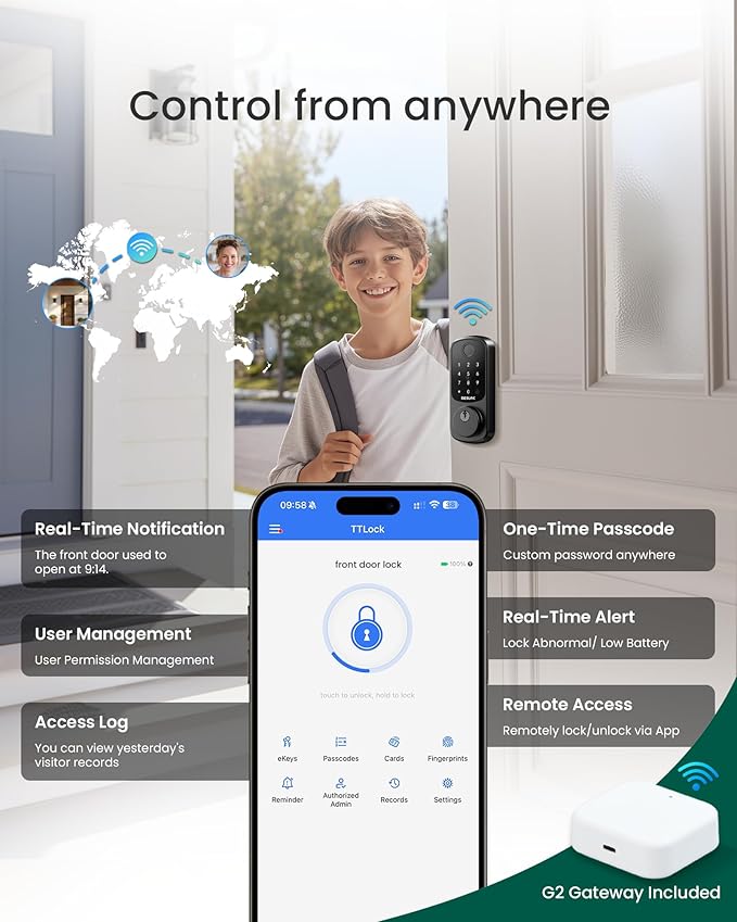 DESLOC Smart Lock B200 WiFi Version, Fingerprint Keyless Entry Door Lock, App Remote Control, Smart Locks for Front Door, WiFi Deadbolt Smart Lock, Emergency Power Port,12 Months Battery, Auto Lock