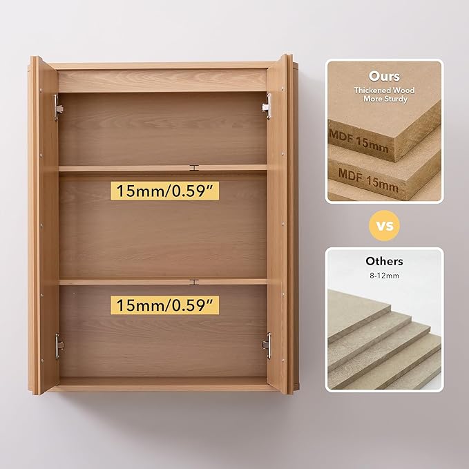 Wall Mounted Storage Cabinet, 2-Door Bathroom Medicine Cabinet with Adjustable Shelves, Modern Wood Hanging Organizer with Rounded Edges for Laundry Room, Kitchen