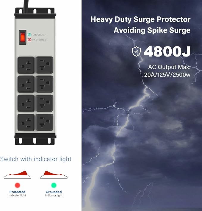 CCCEI Grey Heavy Duty Power Strip Surge Protector 20 AMP, 8 Outlets 12 Gauge Industrial Shop Garage Metal Multiple Outlets, 25 FT Extension Cord 5-15P Adapter High Amp 6-20R T-Slot 20a for Appliance