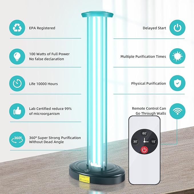 JTAPURE 100W UV Light, Ultraviolet Lamp Purifier for Whole Room & House, Ozone-Free, Home Disinfection Device with 3-Gear Timer Remote Control, UVC Lights, Purification for Bathroom, Toilet, Office