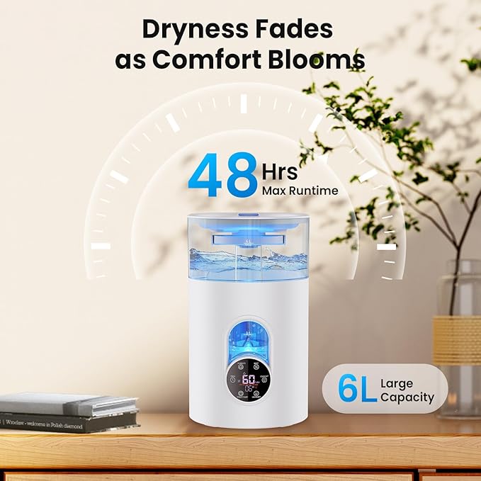 Humidifiers for Bedroom Large Room Home - GloryAir 6L Quiet Top Fill Cool & Warm Mist Humidifier with Smart Humidity Control, Remote Control, 7-Color Light, Humidistat, Oil Diffuser for Plants & Baby