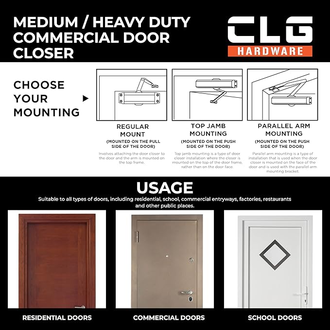 CLG HARDWARE Medium/Heavy Duty Commercial Door Closer DC7016 - Surface Mounted, Grade 1- ADA & UL 3 Hour Fire Rated, Adjustable Size 1-6 for Entrances & Aluminum Storefronts - US10B Dark Bronze