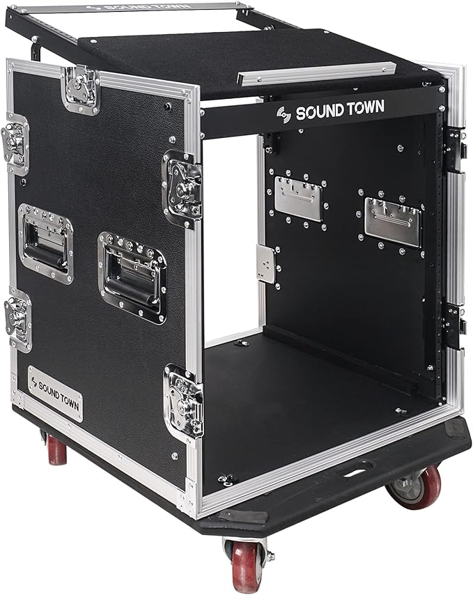 Sound Town High-Quality 1/2” (12mm) Plywood 12U PA DJ Pro Audio Rack/Road ATA Case with 12U Slant Mixer Top, Locking Drawer, 20.2’’ Rackable Depth and Casters (STMR-12D2)