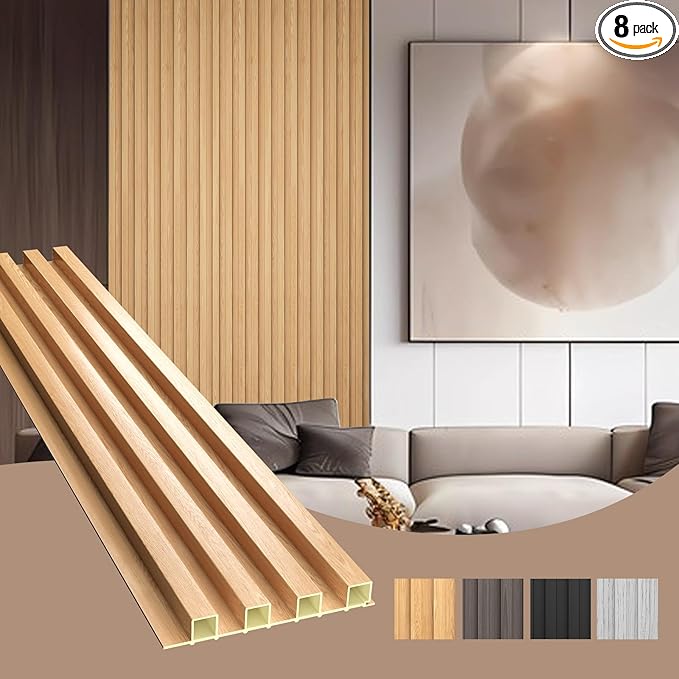 OUZUGIE WPC Acoustic Slat Wall Paneling, 8-Pack 114 x 6 Inches 3D Wall Panels for Interior Wall Decor,Living Room,TV Background,Study Room,Office Spaces,Bedroom,High Grille (Oak)